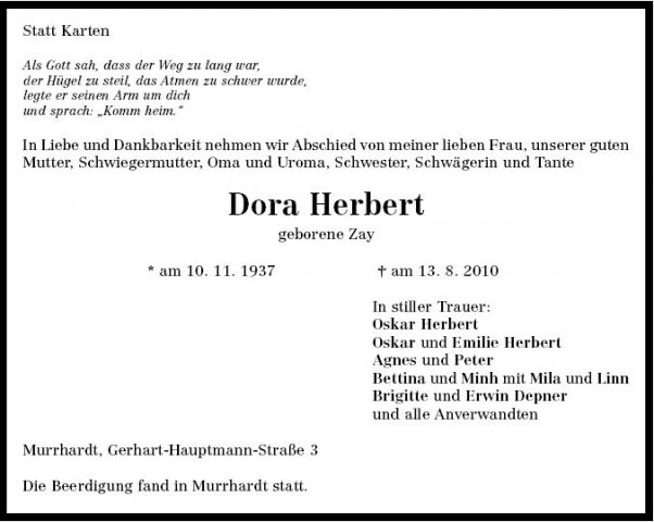 Zay Dora 1937-2010 Todesanzeige